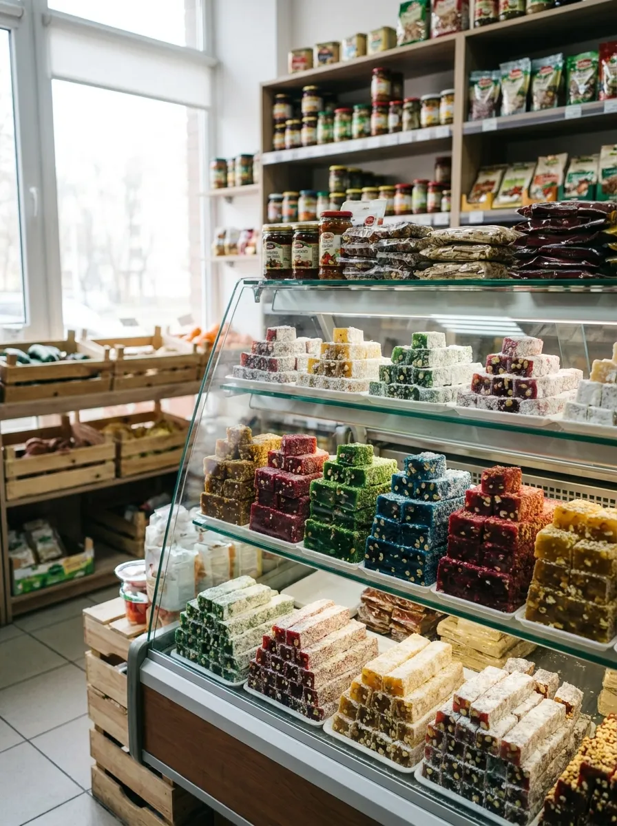 Nahaufnahme mediterraner Trockenwaren und Konserven im kompakten Marktgang von Xani Kamen
